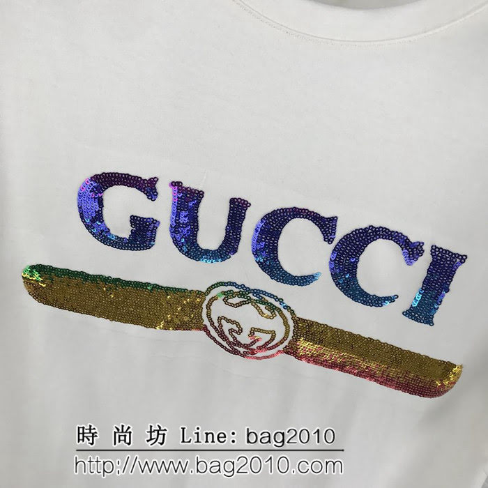 GUCCI古馳 19ss早春新款 燙金亮片LOGO短袖 定制原版珠片 水洗米白色 高版本情侶款 ydi2531